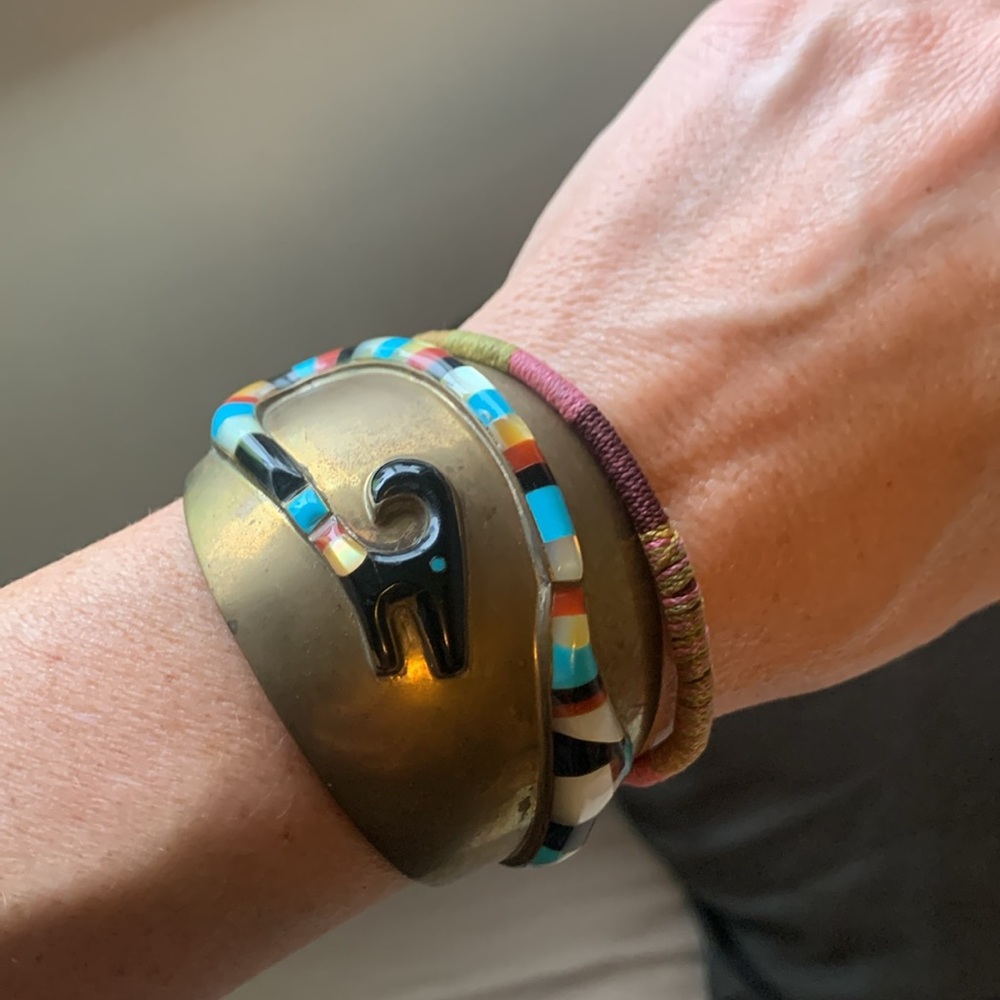 Vintage Zuni inlay ram 🐏 copper cuff, turquoise coral mother of pearl & onyx
